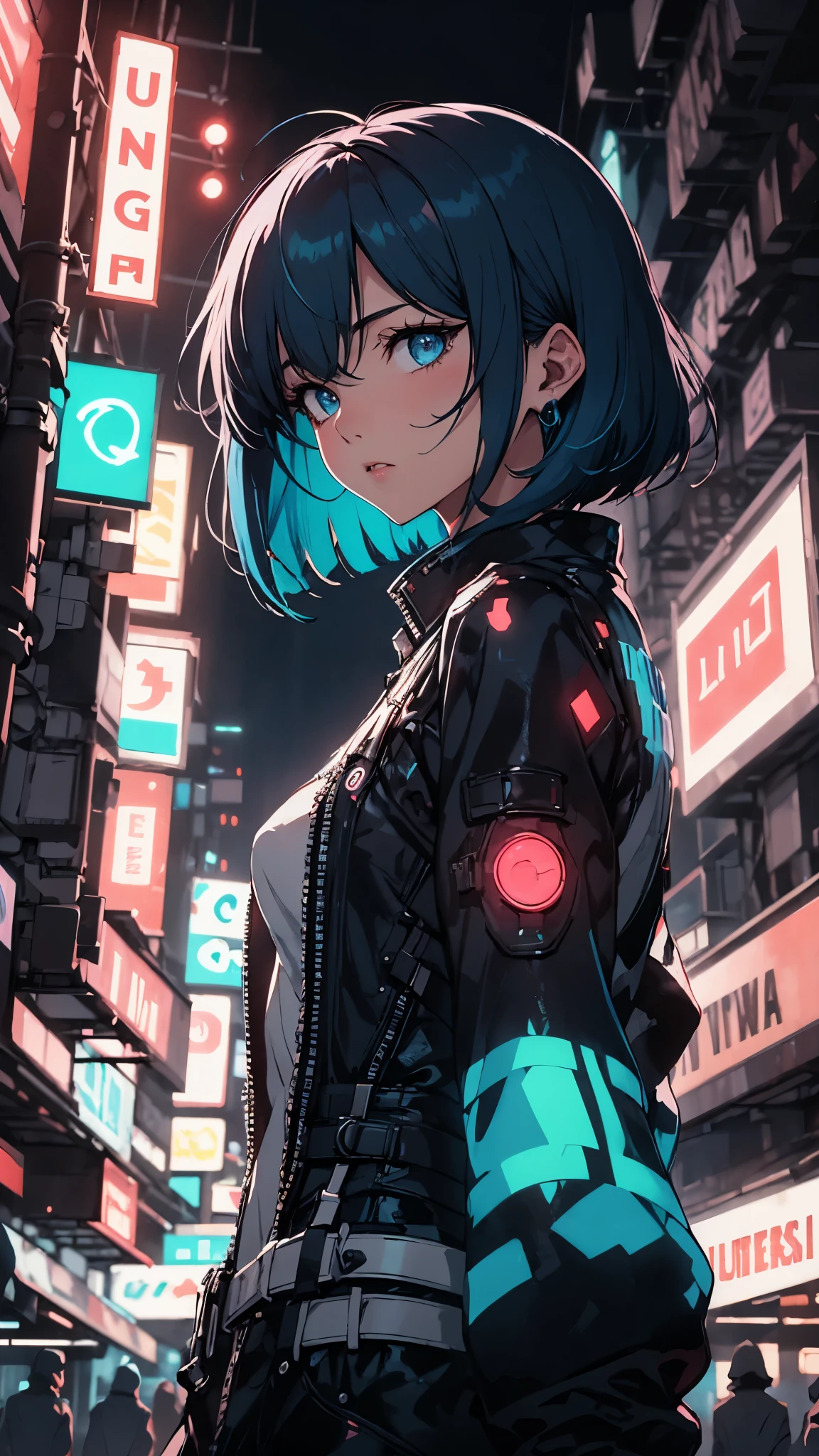 A cyberpunk-style woman with sapphire blue hair in a bob cut, blue eyes, and a haughty expression, standing on a night street with neon lights, under a dramatic lighting and angle, looking away, in a fantastically noir style, high-quality illustration with depth of field.