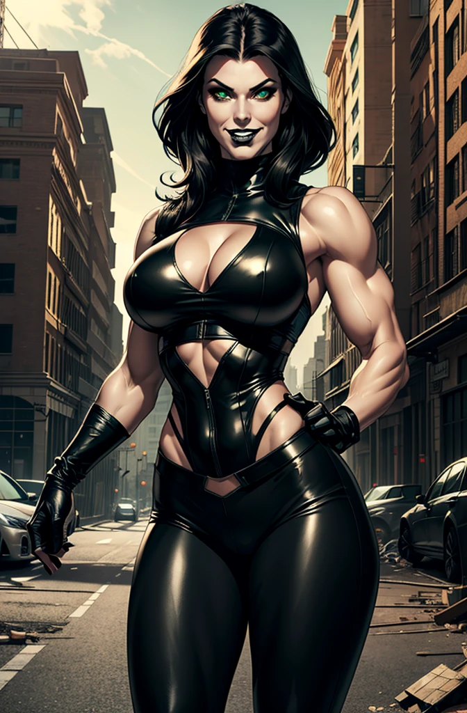 8k, best quality, beautiful muscular adult woman, wearing a large domed metal helmet with angular eyeholes cut out, biker, very muscular, very tall, large breasts, exaggeratedly bulky body frame, broad shoulders, lusty expression, antagonistic grin, athletic, fit, pale white skin, 8 feet tall, muscular thighs, shredded waist, glowing green eyes, strong, TALL, hdr, tight black slacks, tight black tee, mid-length black leather vest, black goth eyeliner, green eyes, matte black lipstick, outside, sunny day, emerging from a destroyed building