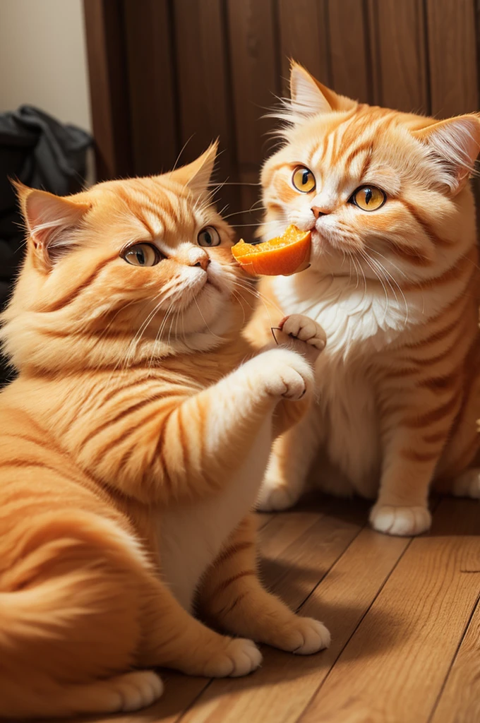Flat-faced orange Persian cat eating chicken