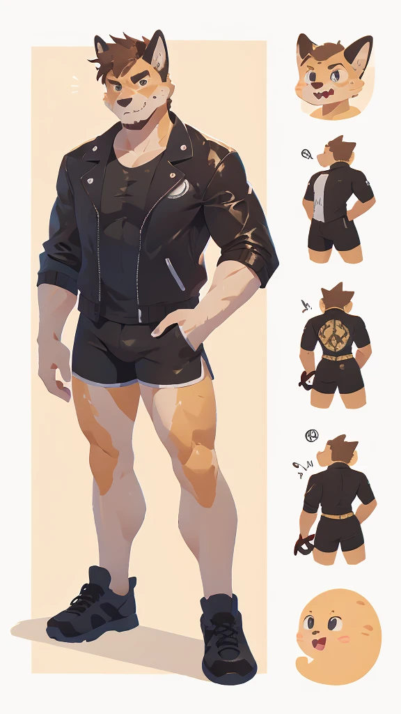 Adult furry male, eyes, furry, spongy, anthropomorphic, light brown-white, leon, reference sheet, whole body , Detailed Features, thick tail and deallalsda, Sharp teeth, realistic skin texture, half: digital illustration, front view and rear view, high resolution, Professional quality, intricate patterns on the skin, Rude but charismatic personality, attention to anatomy, designed facial structure, in a sports shirt, about a leather jacket, shorts negros, high, masculine, volleyball player