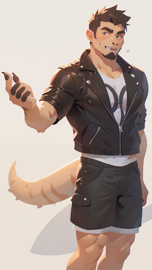 Adult man, eyes, furry, spongy, anthropomorphic, light brown-white, leon, reference sheet, whole body , Detailed Features, thick tail and deallalsda, Sharp teeth, realistic skin texture, half: digital illustration, front view and rear view, high resolution, Professional quality, intricate patterns on the skin, Rude but charismatic personality, attention to anatomy, designed facial structure, in a sports shirt, about a leather jacket, shorts negros, high, masculine, volleyball player