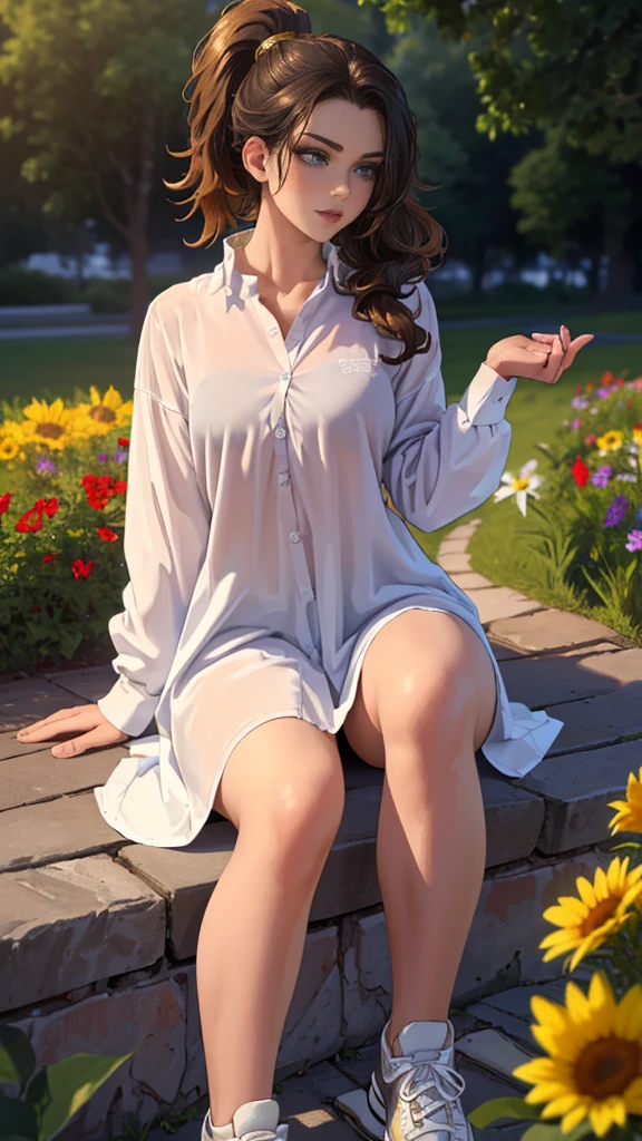 ((masterpiece, Best quality, a high resolution, ultra detailed),(beautiful and aesthetically pleasing:1.2), 1 woman, adult, perfect body, Wavy dark hair, green eyes, high short ponytail, Beautiful, Detailed eyes and face, long oversized shirt, Converse sneakers, golden hour, Field of Flowers, complex parts