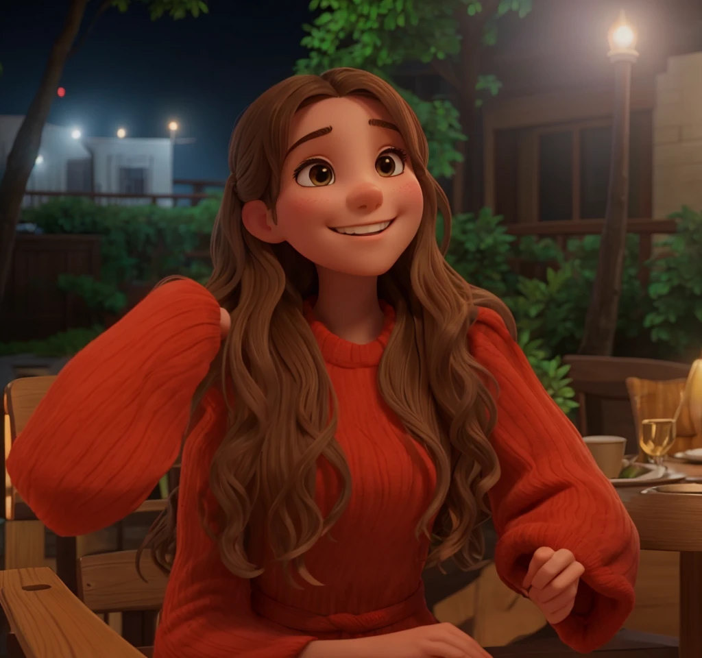 A young woman with long, wavy brown hair is smiling brightly at the camera. She has a radiant complexion and is wearing a red top with a knitted texture. The background suggests an outdoor setting at night, illuminated by artificial lights that cast a greenish hue on the surroundings. There's a wooden table in front of her, indicating she might be at a restaurant or cafe.