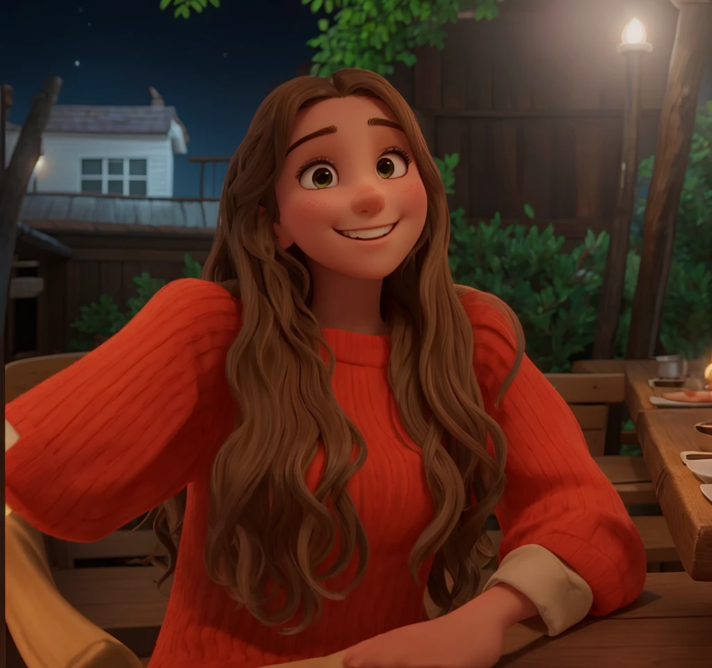 A young woman with long, wavy brown hair is smiling brightly at the camera. She has a radiant complexion and is wearing a red top with a knitted texture. The background suggests an outdoor setting at night, illuminated by artificial lights that cast a greenish hue on the surroundings. There's a wooden table in front of her, indicating she might be at a restaurant or cafe.