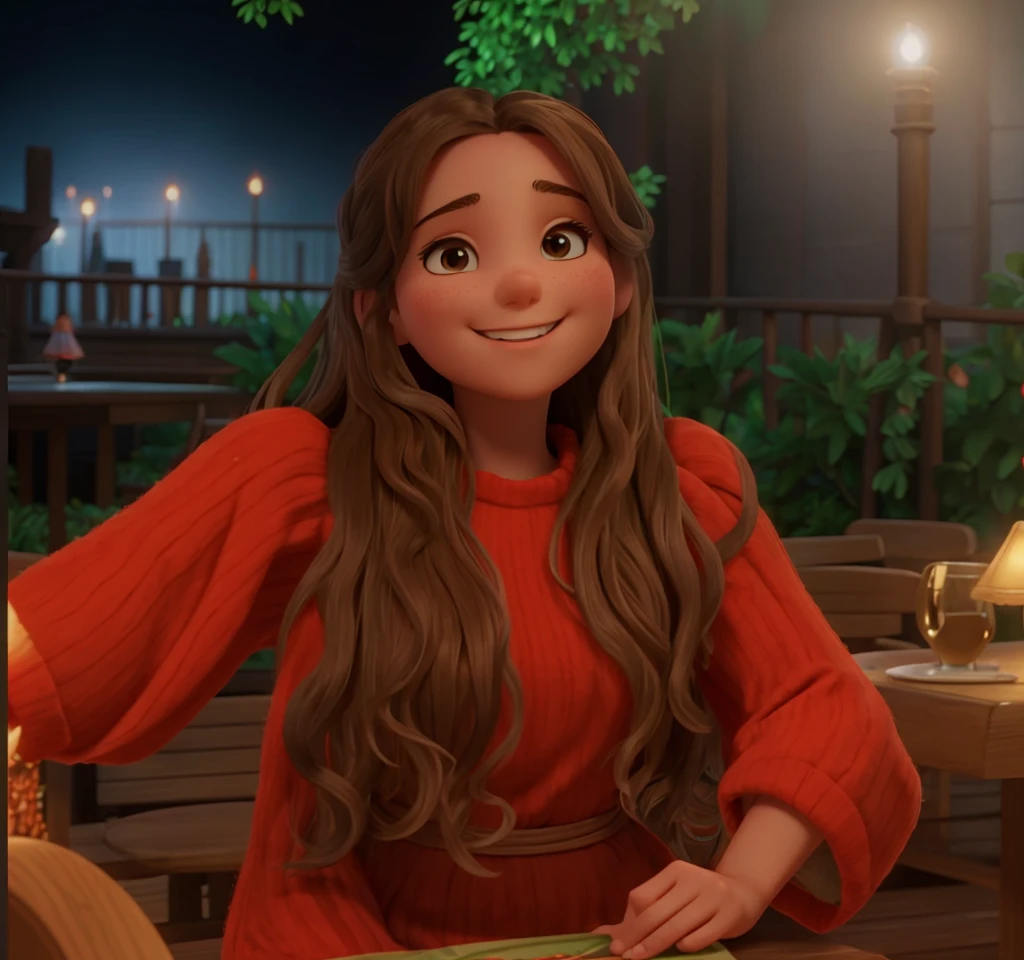 A young woman with long, wavy brown hair is smiling brightly at the camera. She has a radiant complexion and is wearing a red top with a knitted texture. The background suggests an outdoor setting at night, illuminated by artificial lights that cast a greenish hue on the surroundings. There's a wooden table in front of her, indicating she might be at a restaurant or cafe.