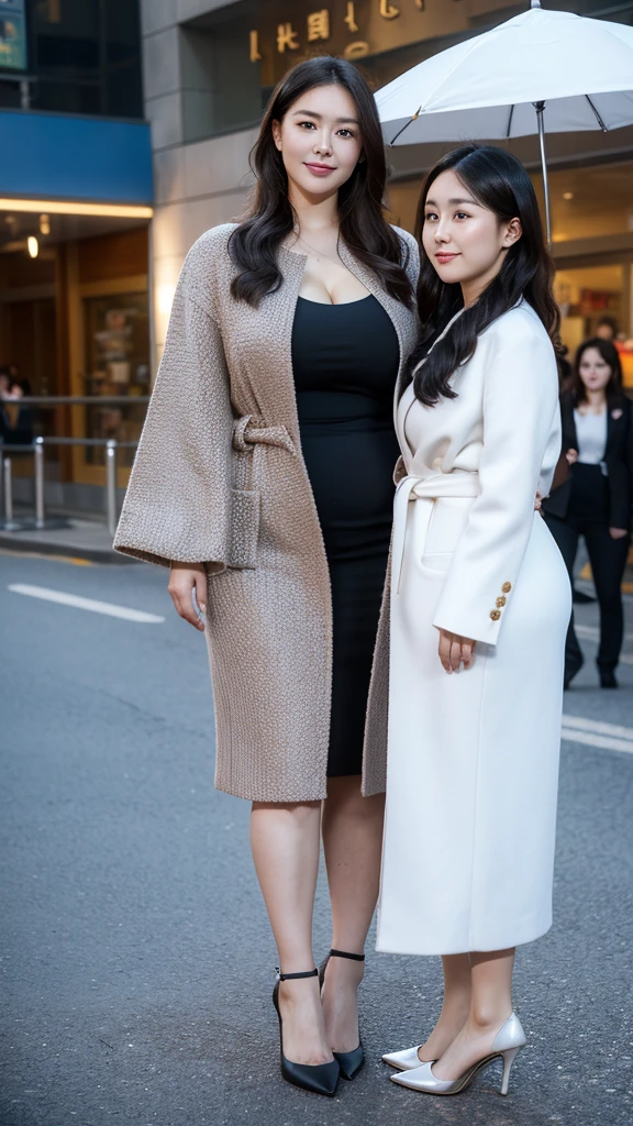 Two twin sisters,Height 1.85 meters, Two smiling fat women ((best quality)), ((masterpiece)), (detailed), Oval face, Wearing a blue woolen coat and a short skirt, Wear loose clothes, Thin waist and thick hips, Soft curves, hyperPractical full figure, Loose shirt, Long legs,,thickness, Two beautiful plump women, Beautiful curvy women,, Big goals,Clear curve details, Curvy hourglass figure, Charming plus size models, bbw酱, full image, Surface Model, Curvy body, (full-body shot)blush, 1girll fat , become a, , Golden Ratio,(Korean Idol),(White and tender skin:),High quality background, HD, Practical, HDR. pedestrian mall,Skin as white as paper,High heel,It was raining in the sky,grassland