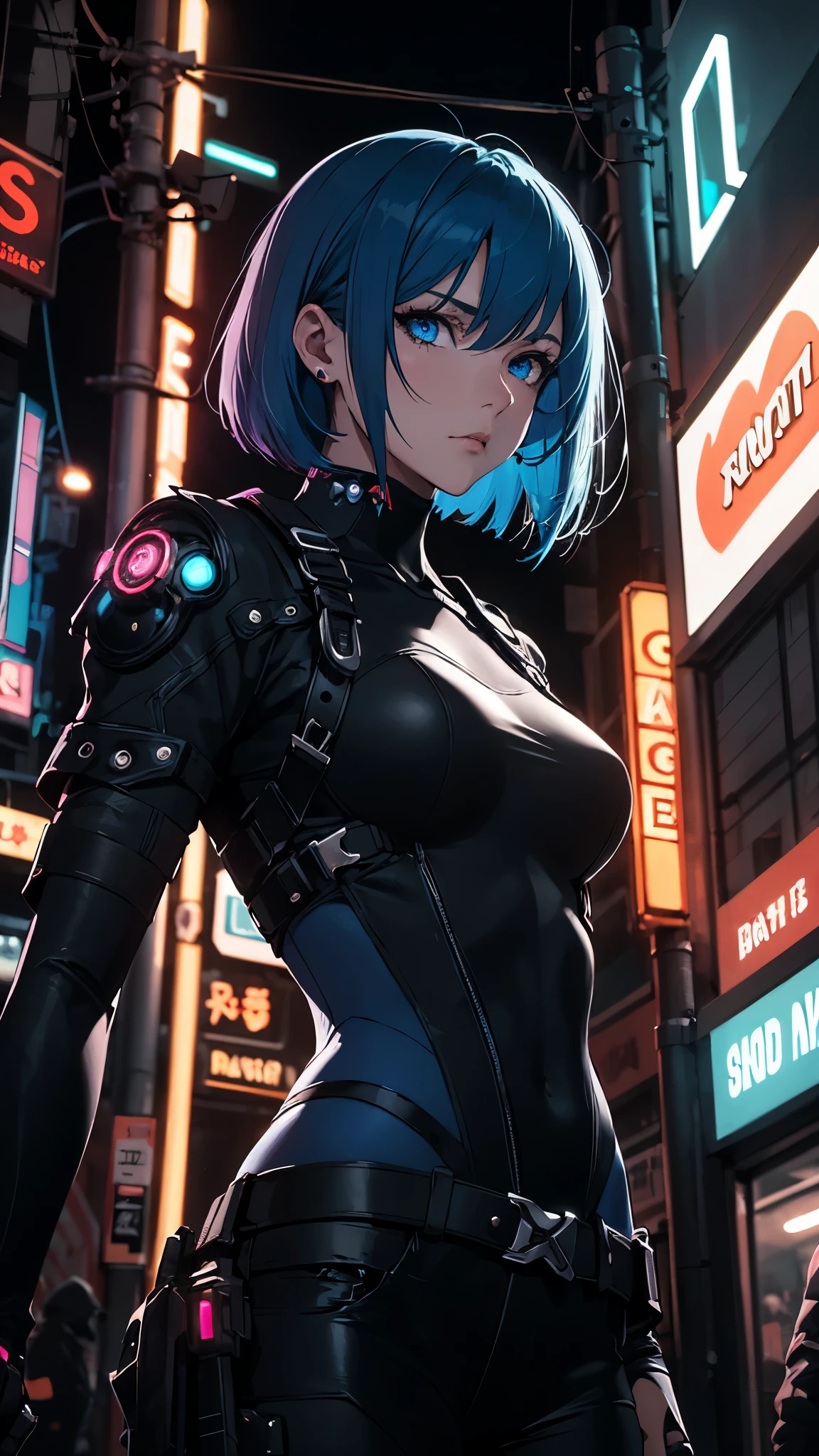 A cyberpunk-style woman with sapphire blue hair in a bob cut, blue eyes, and a haughty expression, standing on a night street with neon lights, under a dramatic lighting and angle, looking away, in a fantastically noir style, high-quality illustration with depth of field.