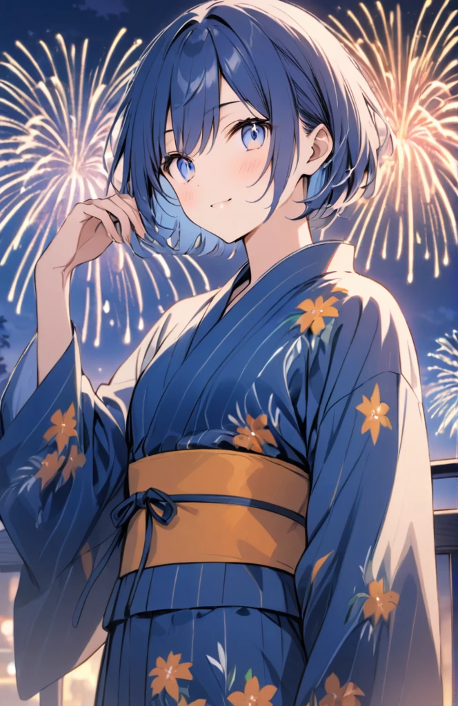 Blue hair, blue eyes, short hair, fireworks, yukata, boy