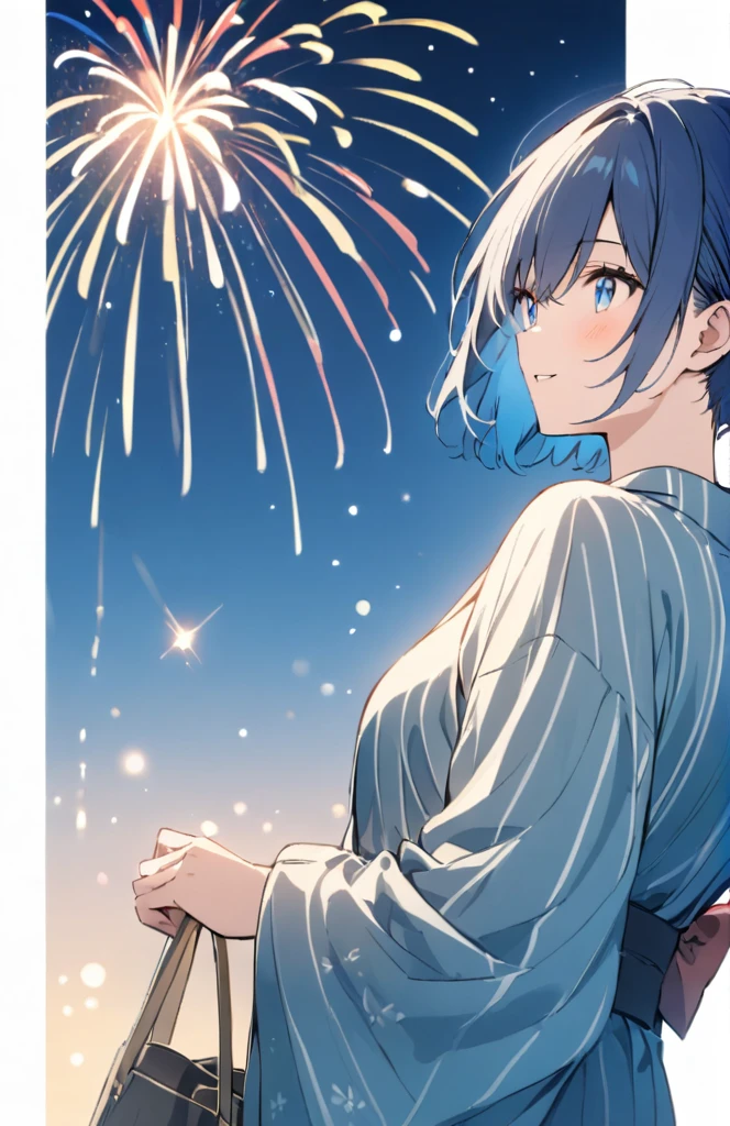 Blue hair, blue eyes, short hair, fireworks, yukata, boy