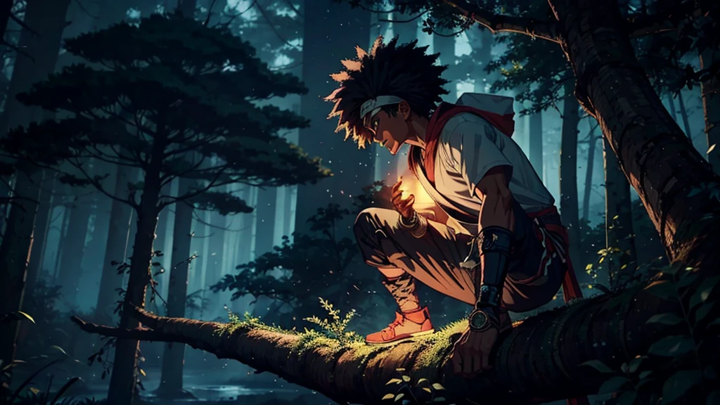 an afro-american shinobi waiting on an branch of tree in a drak forest at night