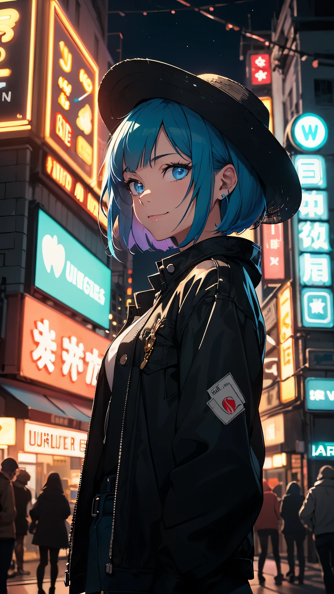 Cuber punk style,(movie poster:1.2), Soft lighting, (Dramatic angle:1.25), (One:1.4), (1 girl), ((sapphire hair), bob Hair), Blue eyes, (smile), street straw hat, (Looking away:1.3), fantastically noir style, light, night sky with moon, (neon street:1.3), (Masterpiece:1.2), ultra detailed, (Best quality), Illustration, (depth of field), one women 