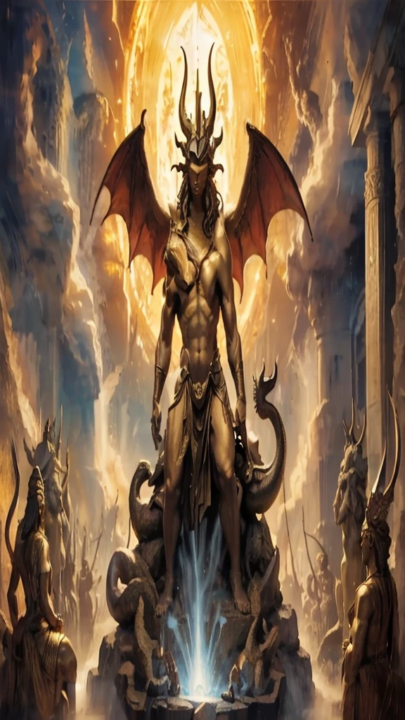 a painting of a statue of a man with a snake on his head, A huge celestial giant god, God, ancient god, Cernunnos, El God Emperador de la Humanidad, God de la luna, god shiva the destroyer, The Annunaki creating humans, the possessed god, The god Zeus, Sculpture of Moloch, Gilgamesh, Attractive male deity.