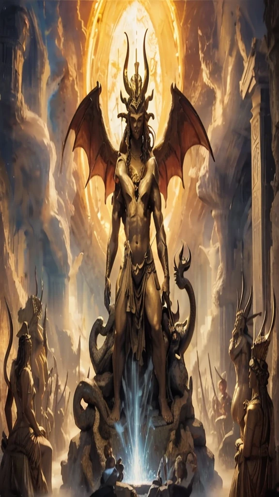 a painting of a statue of a man with a snake on his head, A huge celestial giant god, God, ancient god, Cernunnos, El God Emperador de la Humanidad, God de la luna, god shiva the destroyer, The Annunaki creating humans, the possessed god, The god Zeus, Sculpture of Moloch, Gilgamesh, Attractive male deity.