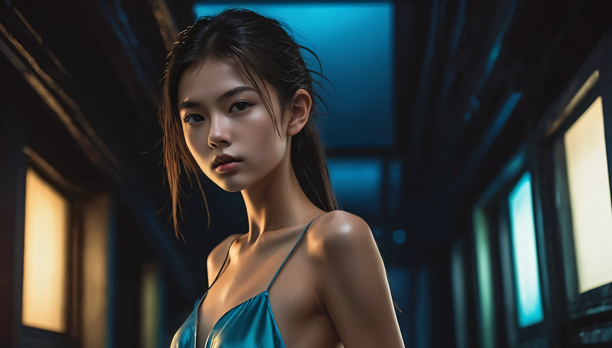 Top Quality, Masterpiece, High Resolution, 8k, (((cute skinny barely legal girl in oversized silk nighty and wetlook leggings, bare belly, wide neckline, deep neckline, small perky breasts, beautiful detailed eyes, beautiful detailed lips, small closed mouth, extremely detailed face, long ponytail hair, small hips))), cyberpunk apartment, moody atmosphere, dramatic and random neon colors, futuristic setting, intricate details, at night, backlit, full body shot, view from distance