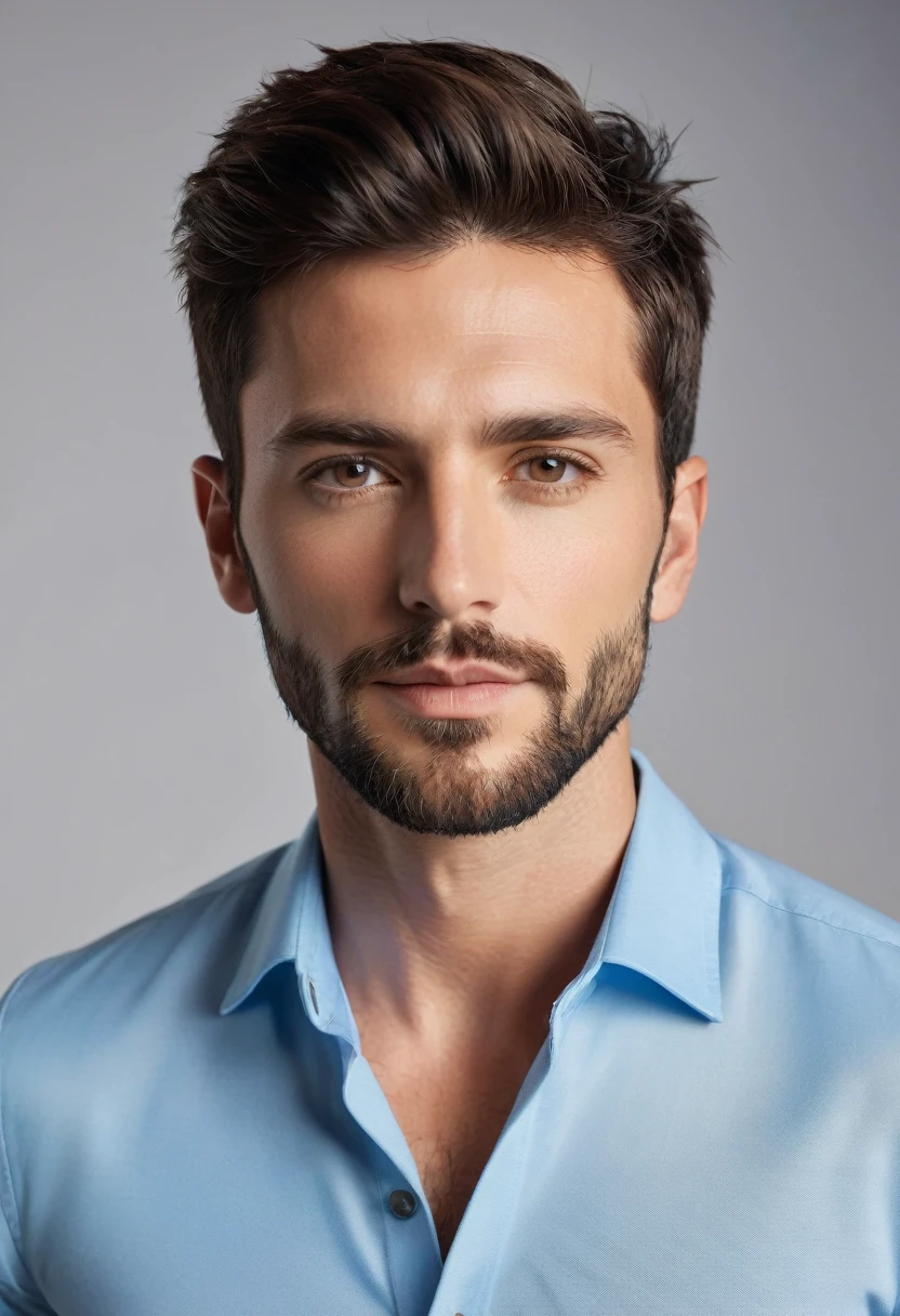 (lifelike, high quality: 1.3), best quality masterpiece, photorealistic, hyperrealistic, highres, high resolution, detailed, 8k, HDR, (Soft color: 1.2), shallow depth of field, broad light, high contrast, backlighting, bloom, good lighting quality, light sparkles, chromatic aberration, sharp focus, RAW color photo, fine skin, ((detailed facial features)), complex: 1.2, (finely detailed skin, realistic skin texture, extreme skin details, (pores:0.1), portrait of a handsome french man, 30 years old, round face, cinematic look、((wearing baby blue business shirt and black tight jeans and black shoes)), (((full body shot, standing and posing in front of a plain studio wall))), dark brown hair, short back and sides hair, brown eyes, french nose, has a 3 days rap industry standard beard, skinny, average tall, pointy nose, thin lips, distinct face, masculine young man, 27 years old, dark brown hair , hazelnut brown eyes, male energy, full body shot
