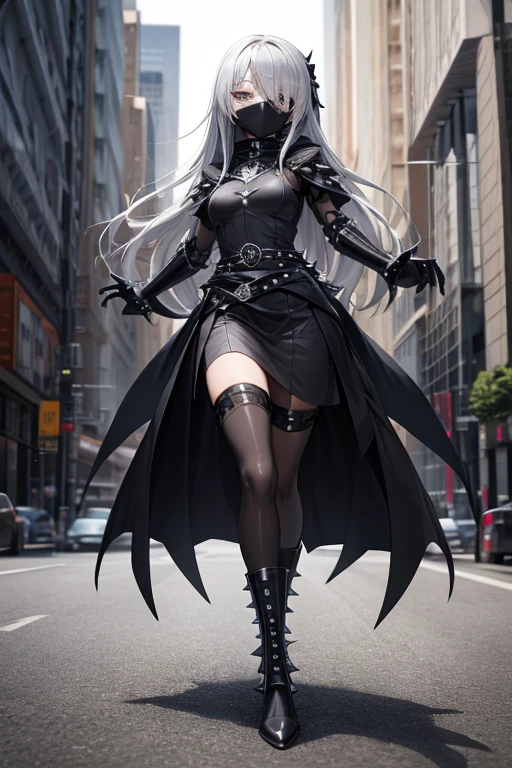 ((best quality)), ((masterpiece)), (detailed), 1 girl, Full body, 18 years old, Depressed face, Silver eyes, Arms outstretched, Arms behind waist, Metal mask covering her eyes, Eyes covered, Silver hair, Long hair, Spiky hair, Bangs, Strand of hair covering her eye, Full body, Tall, Small breasts, Slim body, Grey hood, Metal spikes, Grey wrist guards, Long black gloves with spikes, Grey gothic outfit, Gothic lolita, Grey dress with metal spikes, Metal emblem, Tight fit, Black belt, Black stockings, Black boots, Walking through the city, Metal spikes coming out of the highway, City background, Grey clothes, Superhero, Anime, Plush rabbit in her arms