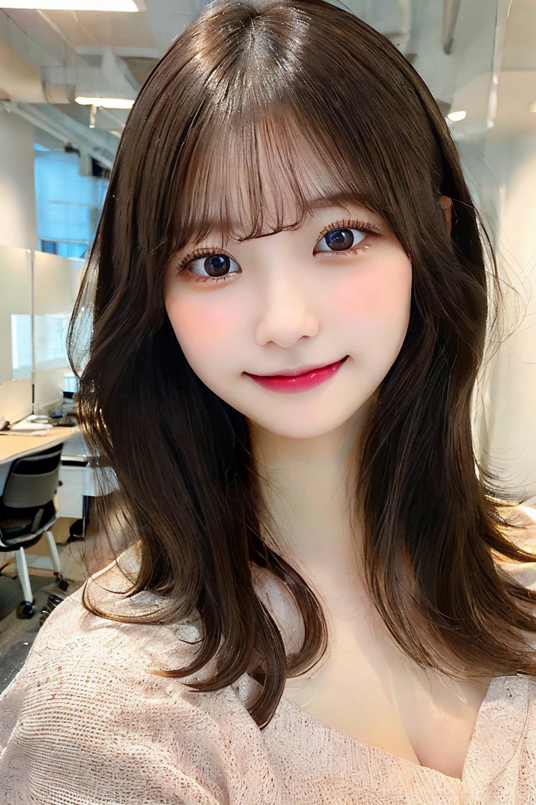 japanese、Highest quality, (beautiful)、Very delicate eyes、Brown eyes、22-year-old female、office、Long Hair、smile、whole body、As if looking up from below