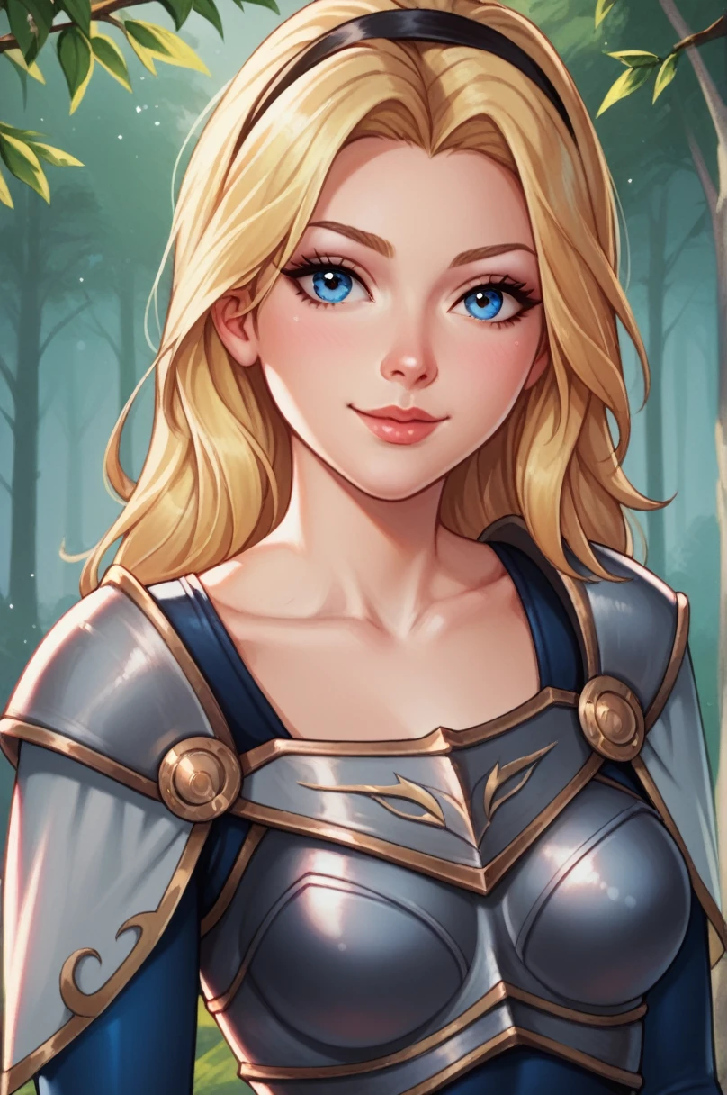 score_9, score_8_up, score_7_up, score_6_up, score_5_up, score_4_up, LuxLoLXL, blue eyes, blonde hair, long hair, black hairband, medium breasts, collarbone, shoulder armor, armor, blue bodysuit, breastplate, long sleeves, (portrait, upper body), seductive smile, looking at viewer, forest, tree 