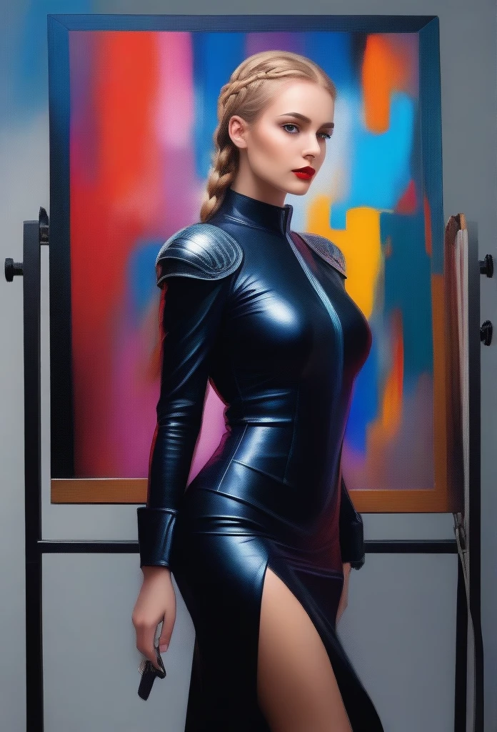 sexy cyborg woman, full-length, standing, beautiful face, expressive eyes, red lips, French braid, blonde hair, oil paints, self-portrait, easel, paintbrushes, art studio, natural lighting, vibrant colors, detailed brushstrokes, realistic rendering, professional artist, creative process, confident posture, artistry, fashionable outfit, perfect composition, exquisite technique, captivating gaze, artistry, alluring atmosphere, unique style, feminine charm, stunning artwork, high resolution, 4k image, dynamic background, flawless details, masterful strokes, harmonious color palette.