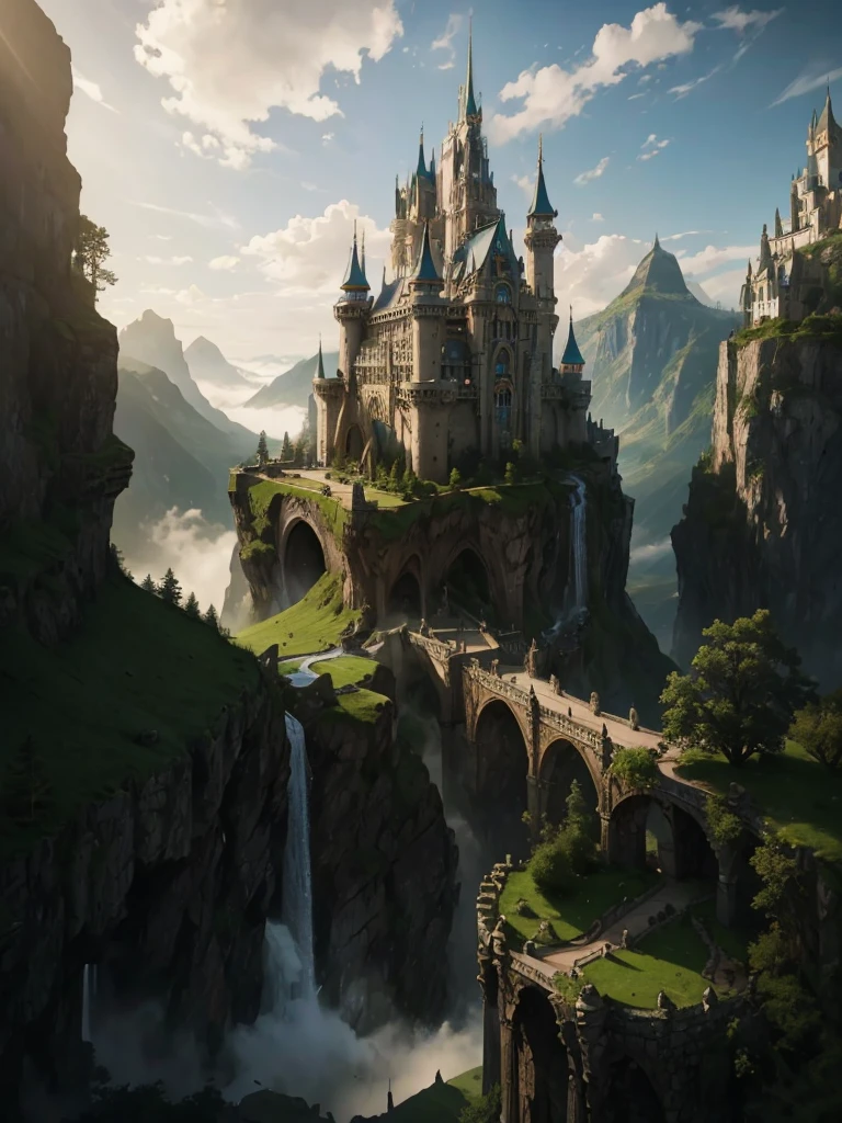 the city of terrasen from the acotar book series, with the castle on top of the mountain, arafed castle on a cliff with a waterfall and a bridge, epic rivendell fantasy, beautiful render of a fairytale, breathtaking fantasy art, fantasy castle, matte painting in fantasy style, beautiful castle, illustration matte painting, majestic matte painting, epic castle with tall spires, fairytale artwork, realistic fantasy artwork, fantasy matte painting,cute, high fantasy castle