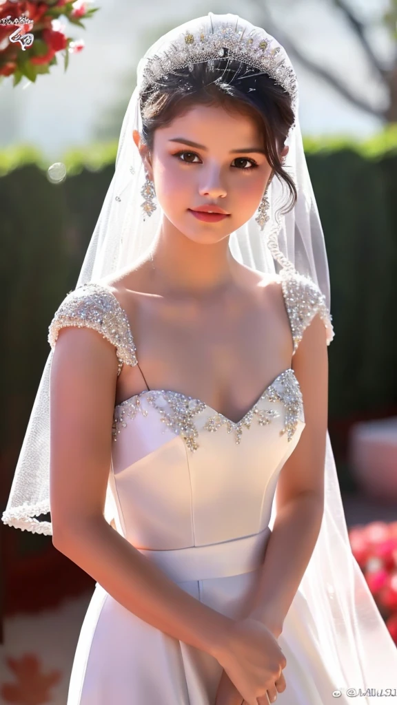 Selena Gomez, 8k, stunning visuals, bridal dress, queen, shining eyes, hot figure, navel