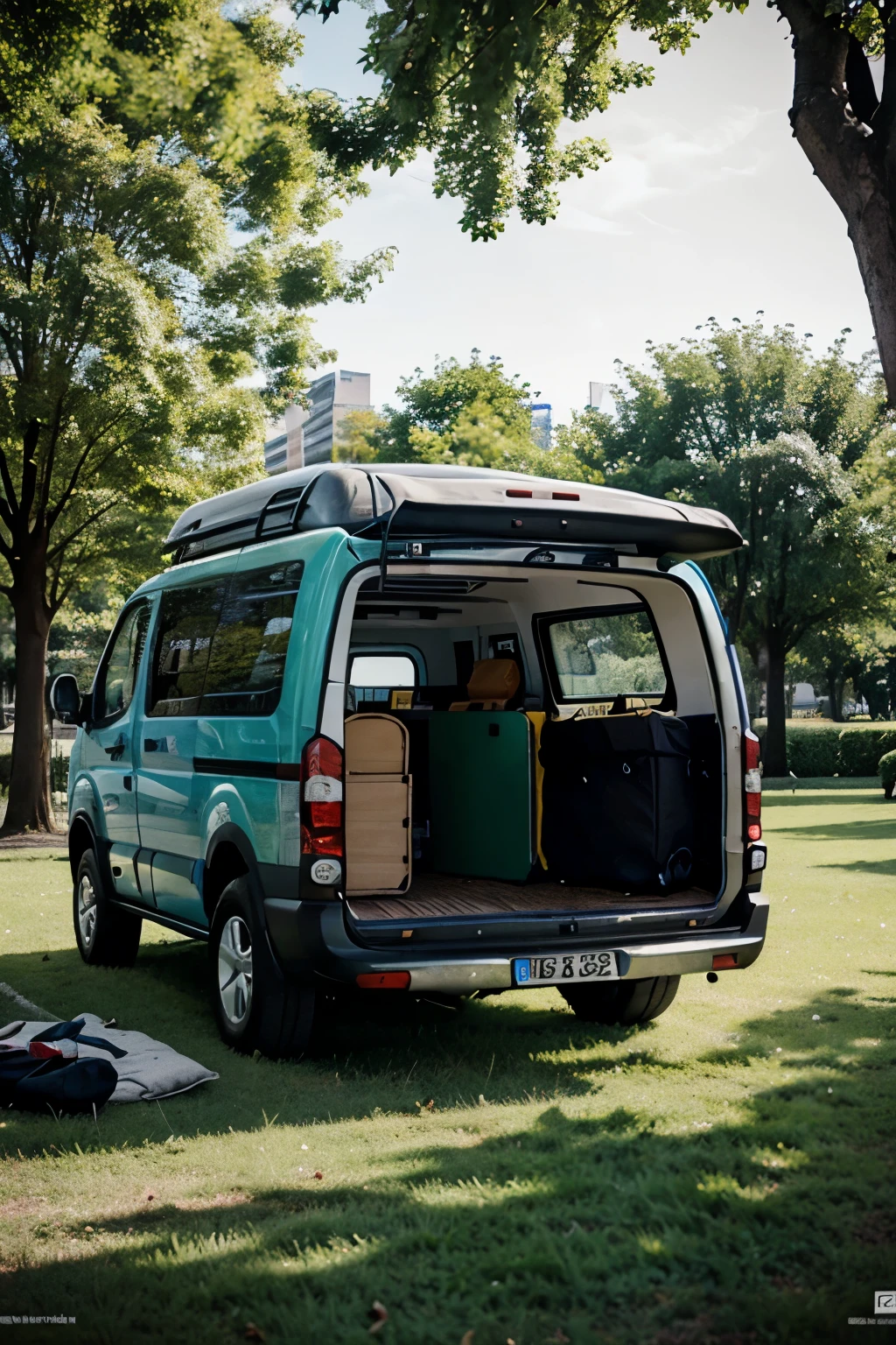 Minion van, with bed inside, in a park