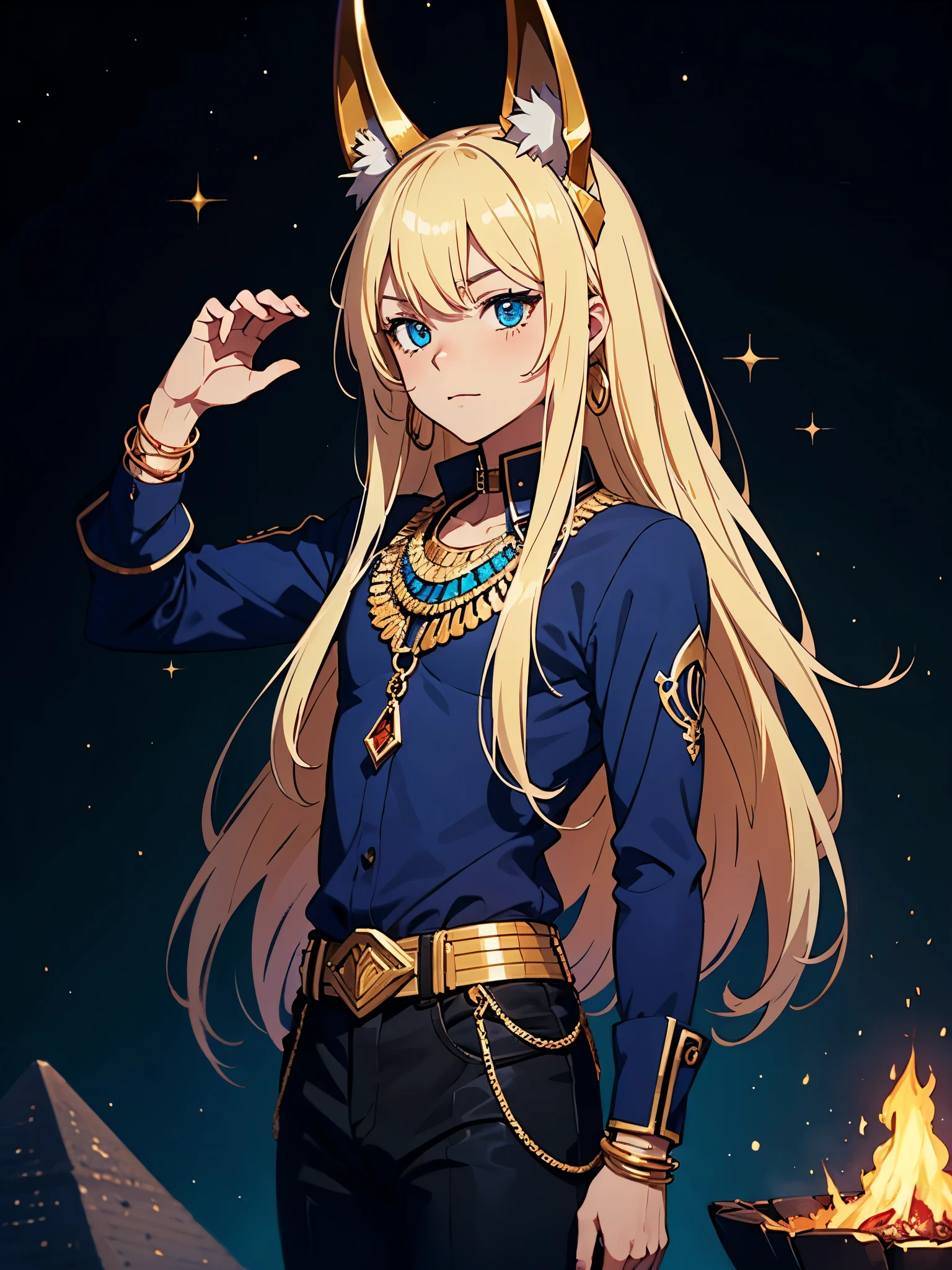 Schakalohren. Männlicher. Älter. Flammen. Feuer. More anime style. cutie pie. アニメ! Teenage boy. Egyptian deity Anubis. Egyptian blue clothing. Blue clothes.  long blond hair. Lots of gold jewelry. dark skin. Egyptian. dazzling blue eyes. mystical. divine.