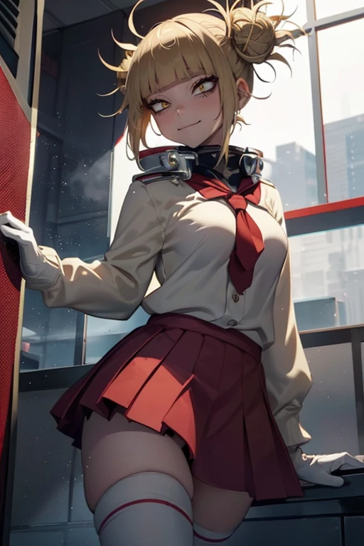 Himiko Toga, ,,(Alone),Himiko toga,(boku no hero academia),(short blonde hair with two messy pulps in her hair and yellow eyes with cat pupils),(Wearing),+,Wearing),+,(\A female character dressed in a short red dress with a super short and sensual skirt, fitted to the body, with white details on the cuffs and collar. She wears white gloves and a traditional red and white Christmas hat, completing the look with red boots.")/,+,(\Facing the front of the fourth wall looking at the fourth wall:1.5)/