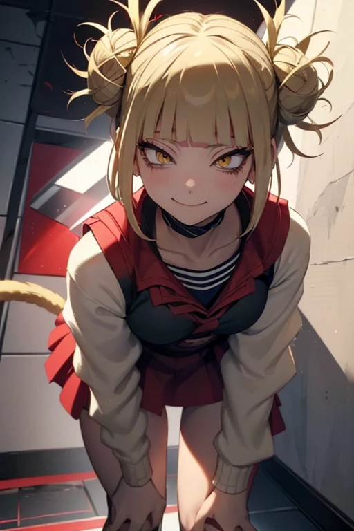 Himiko Toga, ,,(Alone),Himiko toga,(boku no hero academia),(short blonde hair with two messy pulps in her hair and yellow eyes with cat pupils),(Wearing),+,Wearing),+,(\A female character dressed in a short red dress with a super short and sensual skirt, fitted to the body, with white details on the cuffs and collar. She wears white gloves and a traditional red and white Christmas hat, completing the look with red boots.")/,+,(\Facing the front of the fourth wall looking at the fourth wall:1.5)/