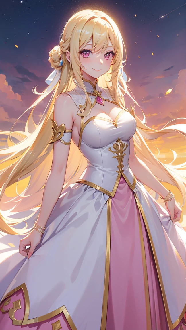 (((Adult woman))), long blonde hair, (Pink eyes), smile, magical dress
