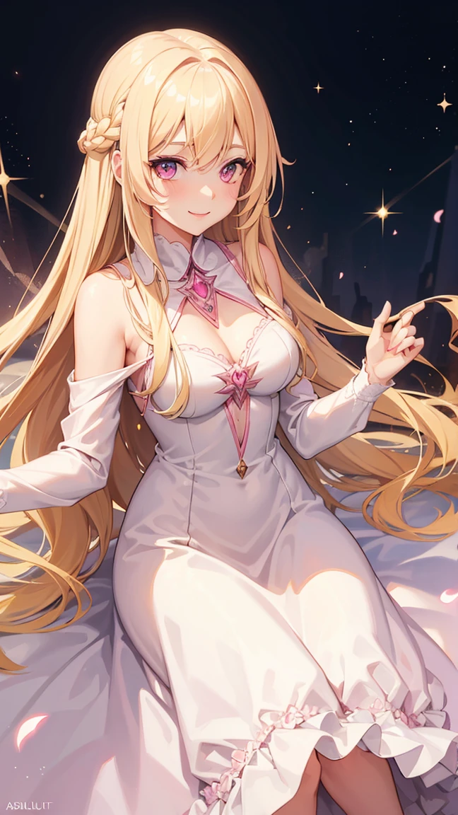 (((Adult woman))), long blonde hair, (Pink eyes), smile, magical dress