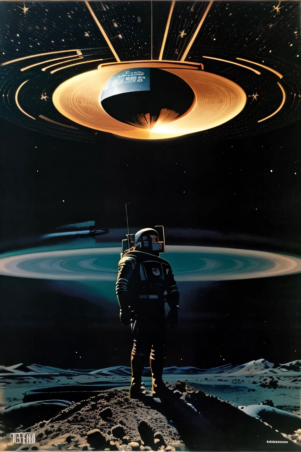 The cover of an old science fiction pulp book,Crows on Saturn,Black universe background,Stereoscopic color retro 1940s space science fiction,Observatory and stars,Large blanks,Minimalist style