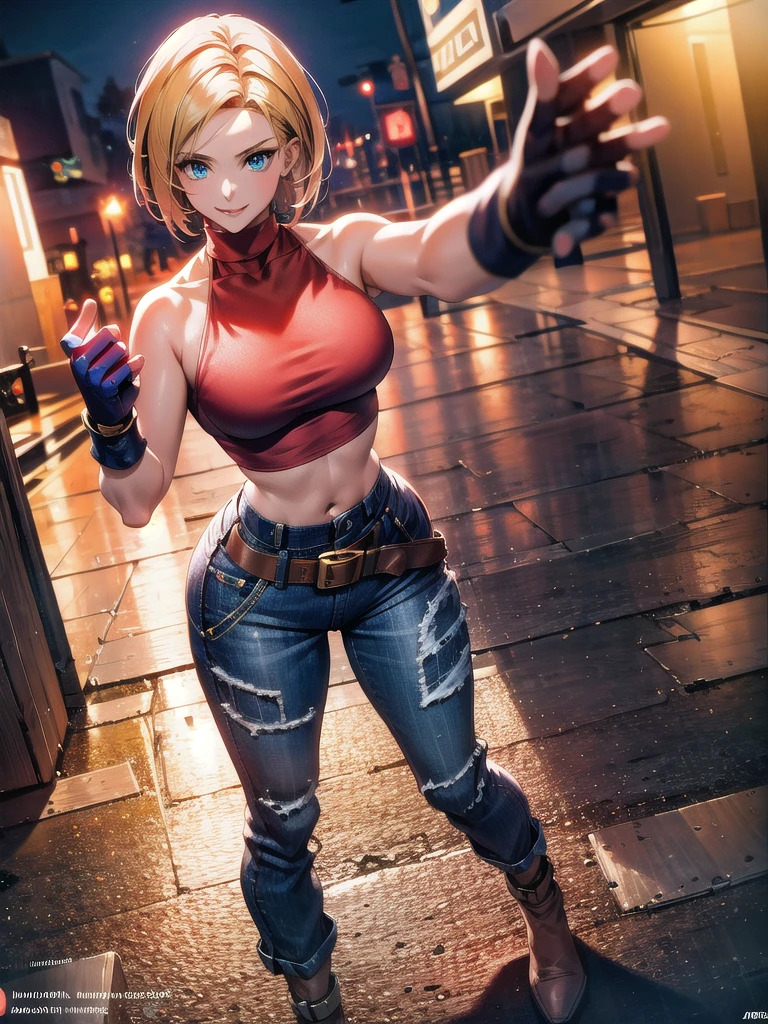 30 year old woman, alone, athletic, by the semi-cut ruby, she is wearing a tight red crop top, he wears blue jogger pants, has two belts, one small and the other a large belt hanging from his brown waist., wears blue fingerless gloves , he wears brown boots, smile at the viewer, points at the viewer, There is a little brown dog with white spots with her, high resolution, absurd, intricate, sharp focus, a New York alley in the background, Best Quality, Masterpiece, high resolution, Perfect picture, Very detailed, High contrast, Digital colors, simple, medium shot, cinematographic, ultra sharp focus, award-winning photography, perFect contrast, high sharpness, depth of field, ultra detailed photography, global illumination, fluid, ultra high definition, 8k, unreal engine 5, ultra-sharp focus, award-winning photography, Art Season Trends,