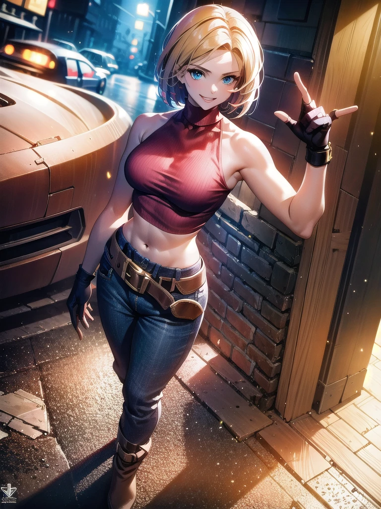 30 year old woman, alone, athletic, by the semi-cut ruby, she is wearing a tight red crop top, he wears blue jogger pants, has two belts, one small and the other a large belt hanging from his brown waist., wears blue fingerless gloves , he wears brown boots, smile at the viewer, points at the viewer, There is a little brown dog with white spots with her, high resolution, absurd, intricate, sharp focus, a New York alley in the background, Best Quality, Masterpiece, high resolution, Perfect picture, Very detailed, High contrast, Digital colors, simple, medium shot, cinematographic, ultra sharp focus, award-winning photography, perFect contrast, high sharpness, depth of field, ultra detailed photography, global illumination, fluid, ultra high definition, 8k, unreal engine 5, ultra-sharp focus, award-winning photography, Art Season Trends,