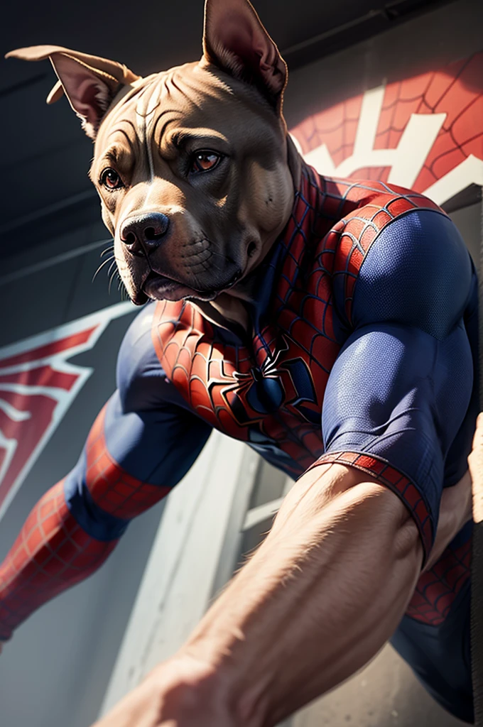 a pitbull dog, with spider man uniform