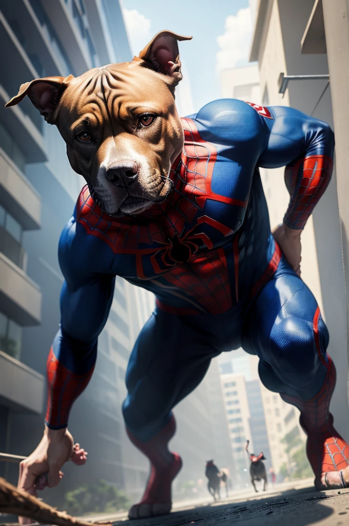 a pitbull dog, with spider man uniform