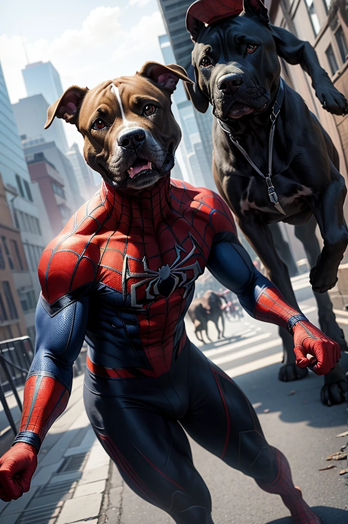 a pitbull dog, with spider man uniform