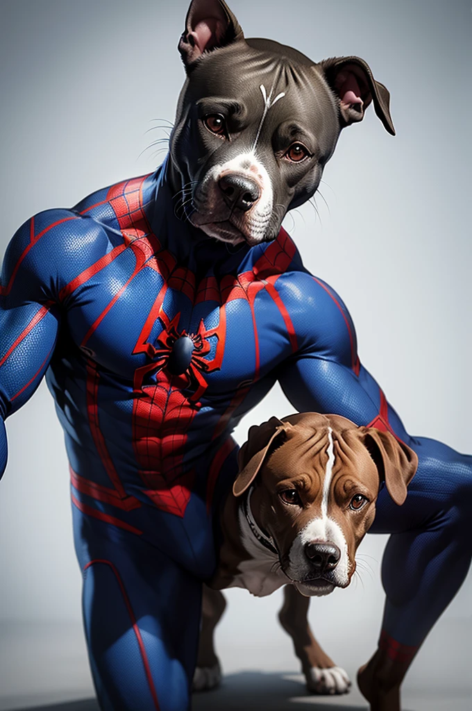 a pitbull dog, with spider man uniform