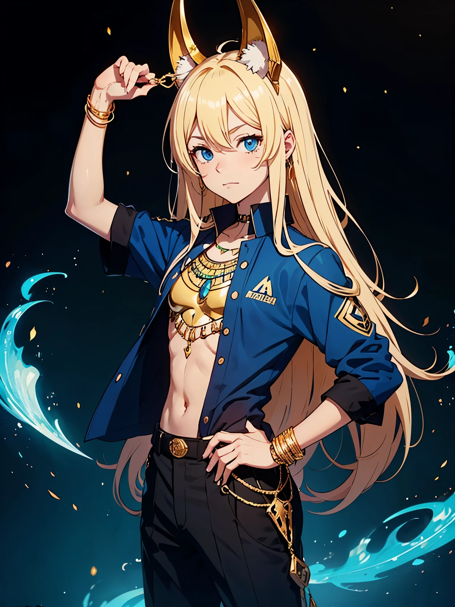 Schakalohren. Männlicher. Älter. Flammen. Feuer. More anime style. cutie pie. アニメ! Teenage boy. Egyptian deity Anubis. Egyptian blue clothing. Blue clothes.  long blond hair. Lots of gold jewelry. dark skin. Egyptian. dazzling blue eyes. mystical. divine.