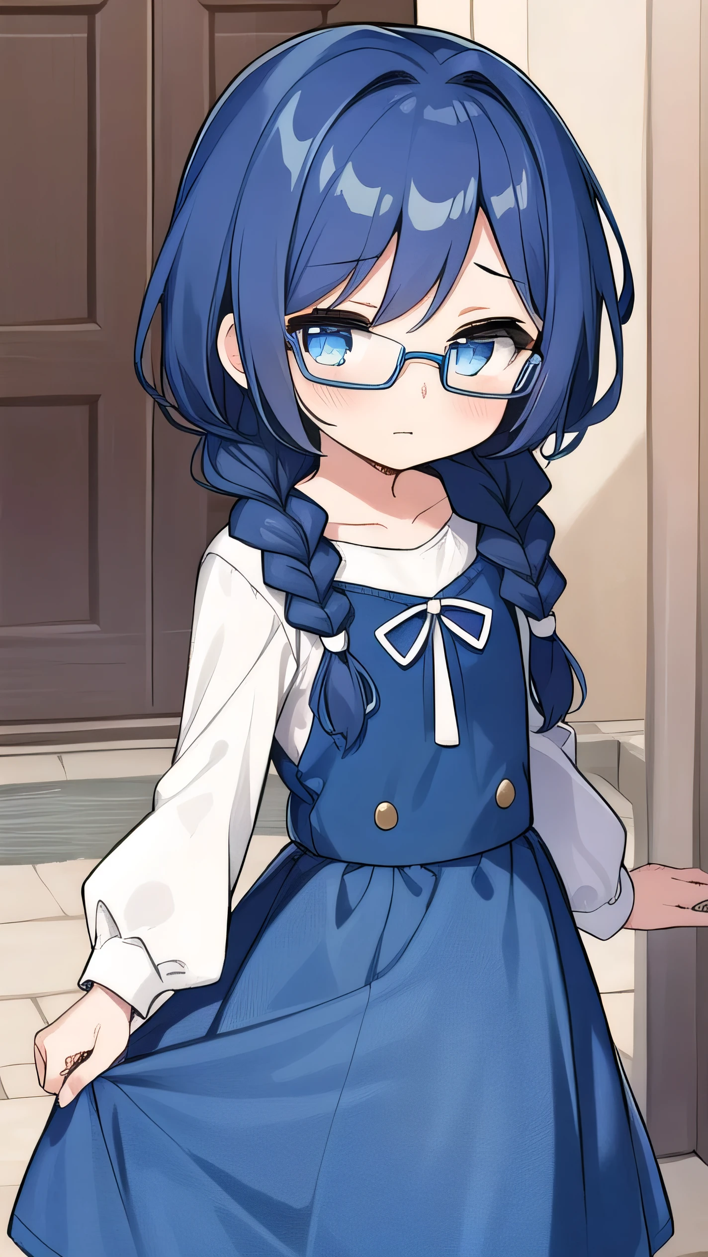 short, 12 years old, blue hair, single braid, blue eyes, round eyes, shy, shy, , short, young face, short height, , glasses with no edges,flat chest,1girl,long hair,Long sleeves, cute clothes, fancy clothes, long skirts,