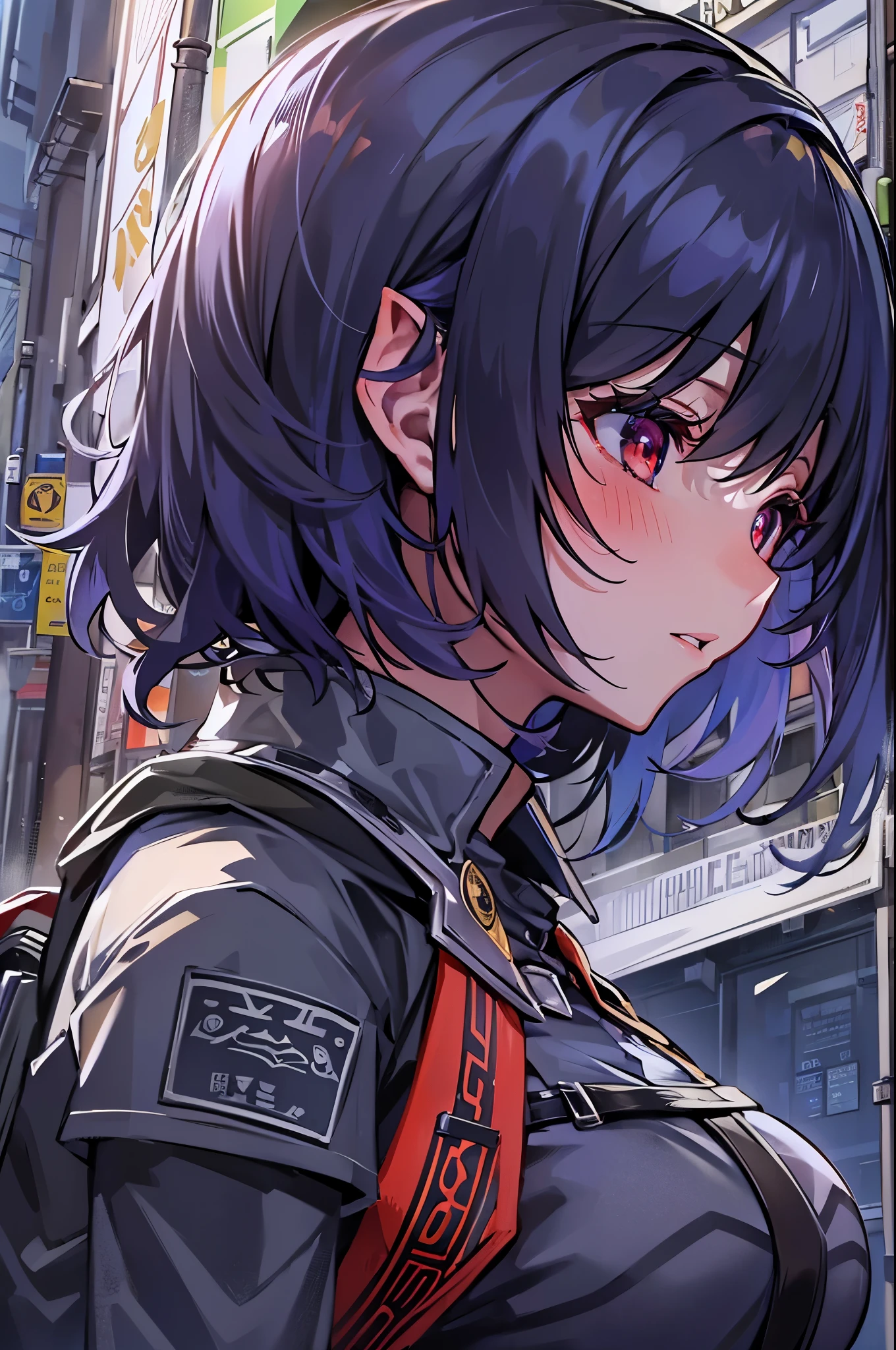 Highest quality。((((She's looking to the right)))) 。((Deep navy short hair、(Crimson Eyes、Elf)) 。avert your eyes。shout。Combat pose。She is a police((Special Forces Officer))is。In the city。