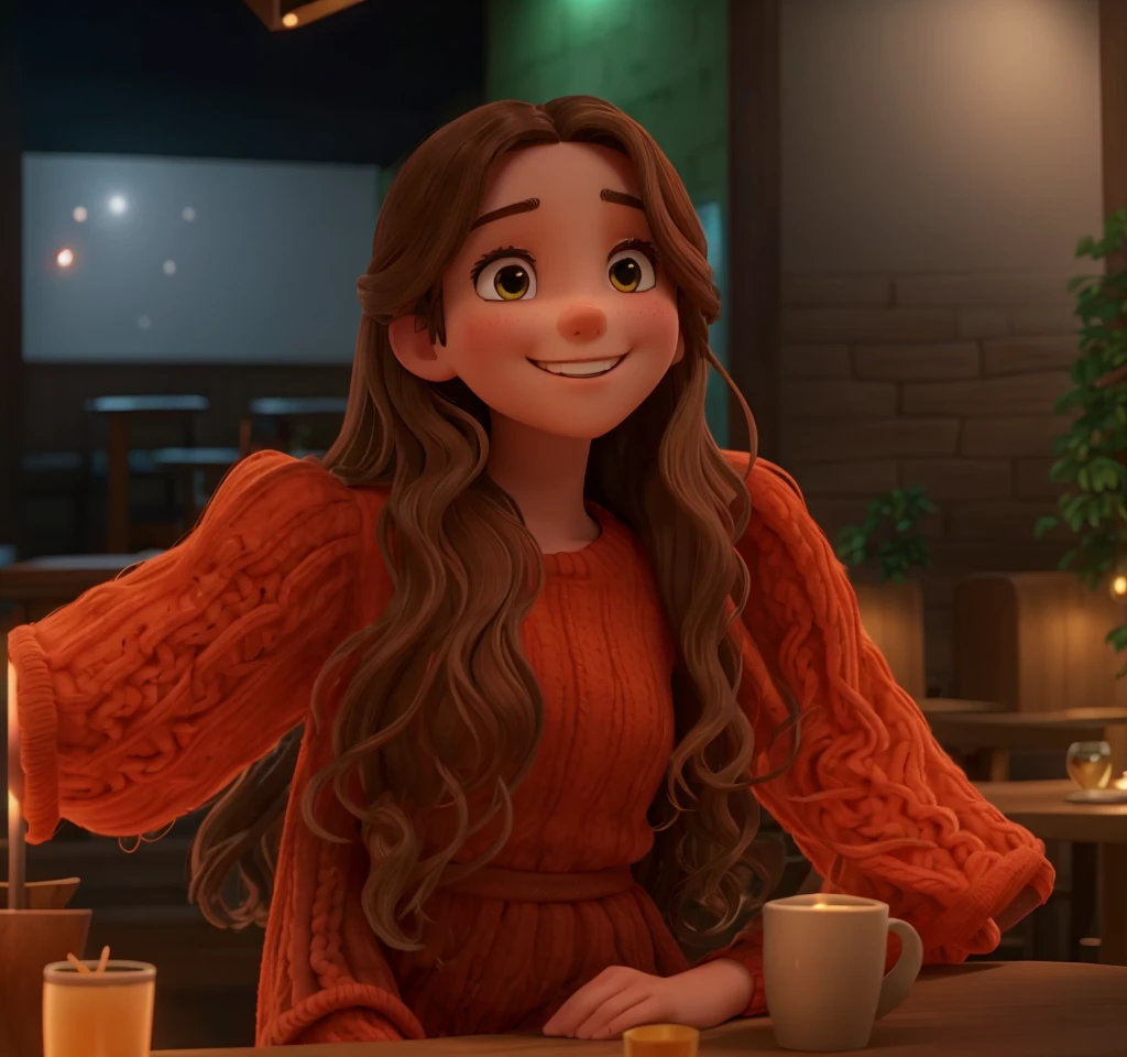 A young woman with long, wavy brown hair is smiling brightly at the camera. She has a radiant complexion and is wearing a red top with a knitted texture. The background suggests an outdoor setting at night, illuminated by artificial lights that cast a greenish hue on the surroundings. There's a wooden table in front of her, indicating she might be at a restaurant or cafe. She is 35 years old.