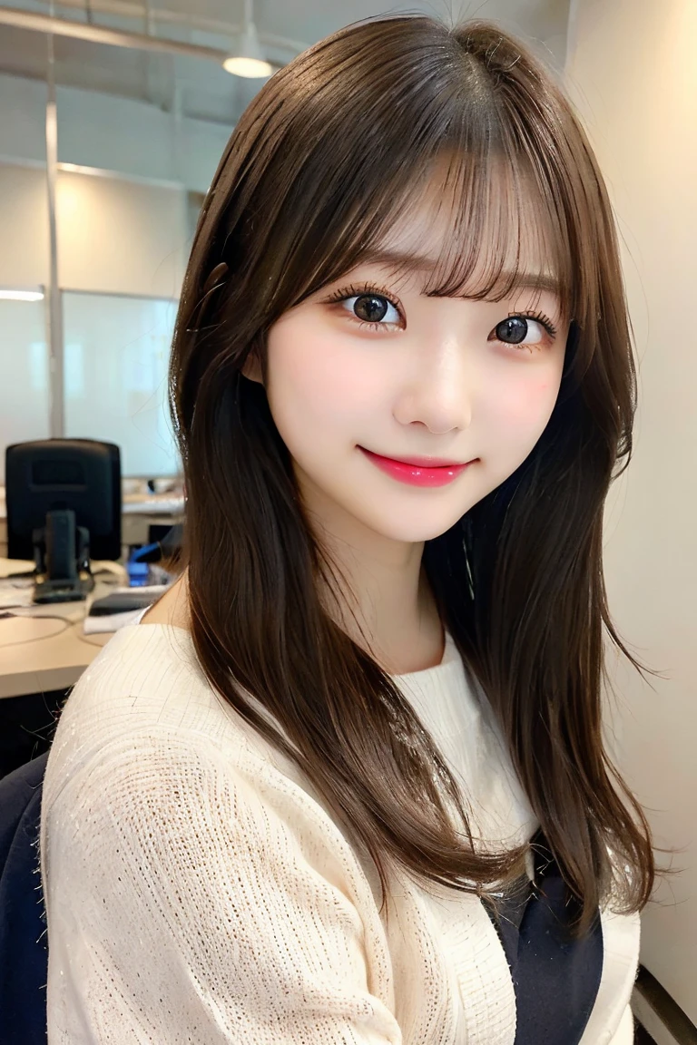 japanese、Highest quality, (beautiful)、Very delicate eyes、Brown eyes、22-year-old female、office、Long Hair、smile、whole body、As if looking up from below