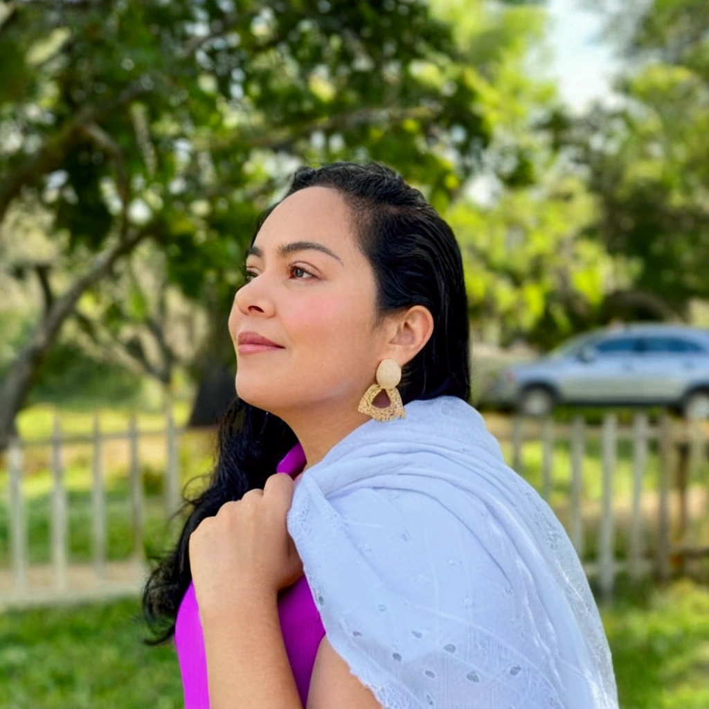 a Disney-style 3D movie poster from Pixar, puffy woman in a pink shirt and white shawl, profile image, taken in early 2020, by Reyna Rochin, carla ortiz, Alanis Guillen, on a bright day, with a tree at the background, looking from the side, From the side, against the backdrop of trees, lorena avarez, ayahausca