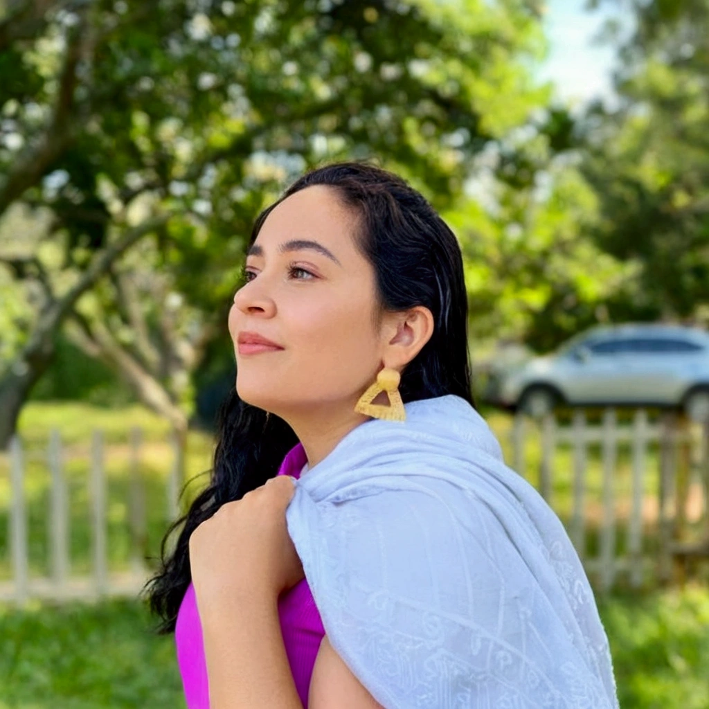 a Disney-style 3D movie poster from Pixar, puffy woman in a pink shirt and white shawl, profile image, taken in early 2020, by Reyna Rochin, carla ortiz, Alanis Guillen, on a bright day, with a tree at the background, looking from the side, From the side, against the backdrop of trees, lorena avarez, ayahausca