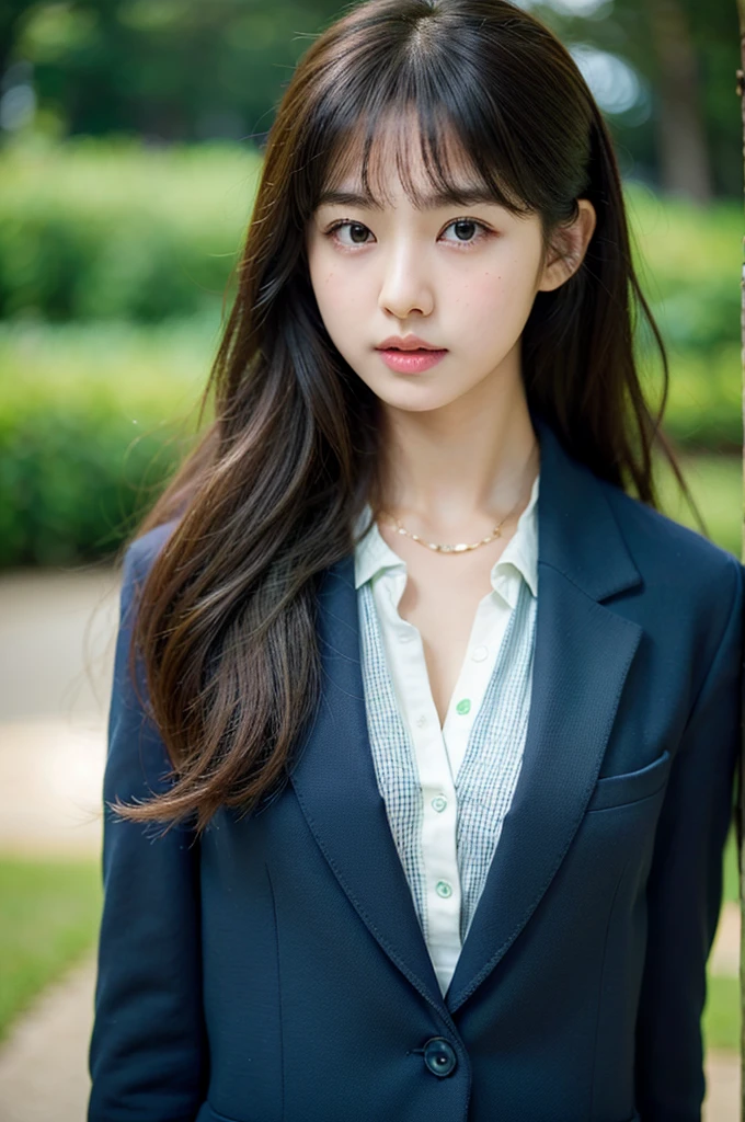 Highest quality、Japan、high school girl、cute、Long Hair、Navy Blue Blazer、Green Screen、