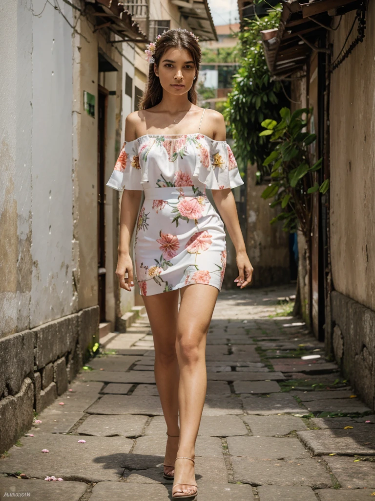4k, Masterpiece, high resolution, woman in rio de janeiro walking with flowered dress