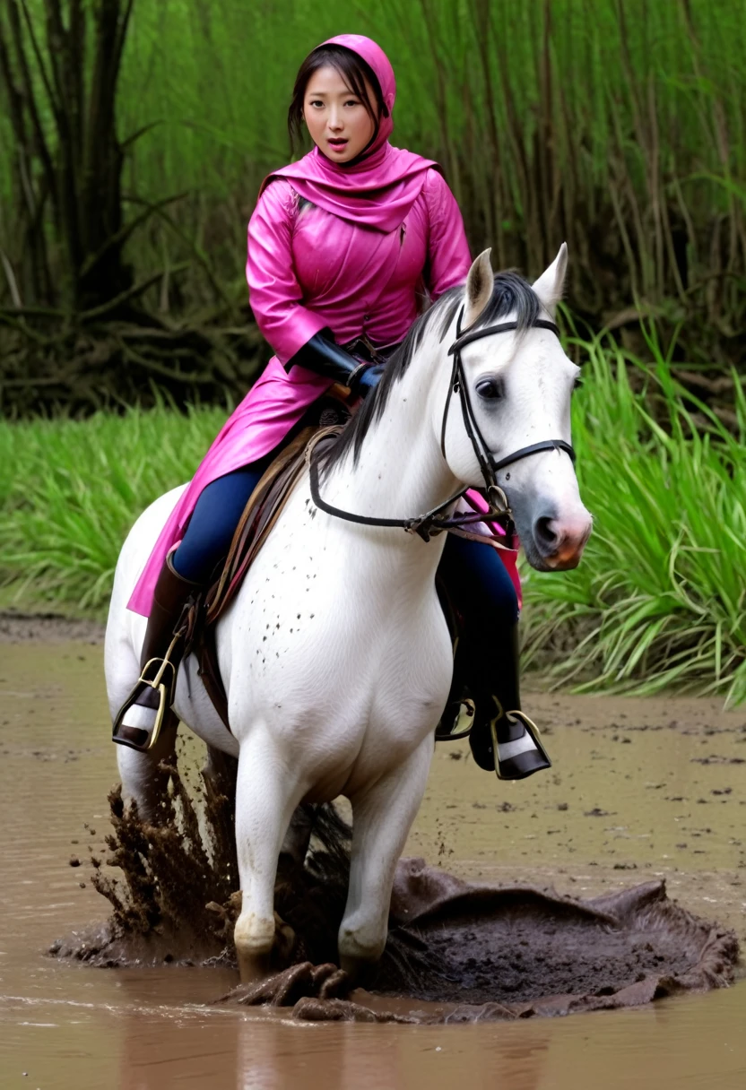 (((masterpiece))),(((Highest quality))),((Tabletop:1.4, Highest quality)), (Realな写真:1.4), in the muddy river,dirty swamp,horse ridden by girl fall over swamp,
((1 cute girl knight)),rodeo,horse standing,Surprised face,stumble,aggressive,slouch,horse standing, prancing horse in pitfall,cute,Napoléon horse sliped in pitfall,in the pitfall,Uplifting,Naughty,
(超High resolution:1.2),, wonderful, Very detailed CG Unity 8k wallpaper, Very detailed, High resolution,fat horse ridden by japanese girl,Plump,Double,Pink armor and cape,Soaking in the swamp,Mud Splash,
Soft Light, Beautiful detailed girl, Droopy eyes,Very detailedな目と顔, Beautiful and exquisite nose, Beautiful and exquisite,  horse ridden by a girl can't stand up because its drowned in the sticky muddy pitfall:10.0 ,Displeased face:4.0,Real,Stir,Anatomically correct,action horse riding scene while struggle fighting