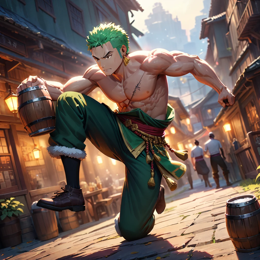 roronoa zoro holding a beer mug, anime, detailed, dynamic pose, 4k resolution, masterpiece, digital painting, vibrant colors, cinematic lighting, artstation, trending, ((medium quality)), ((medium quality))