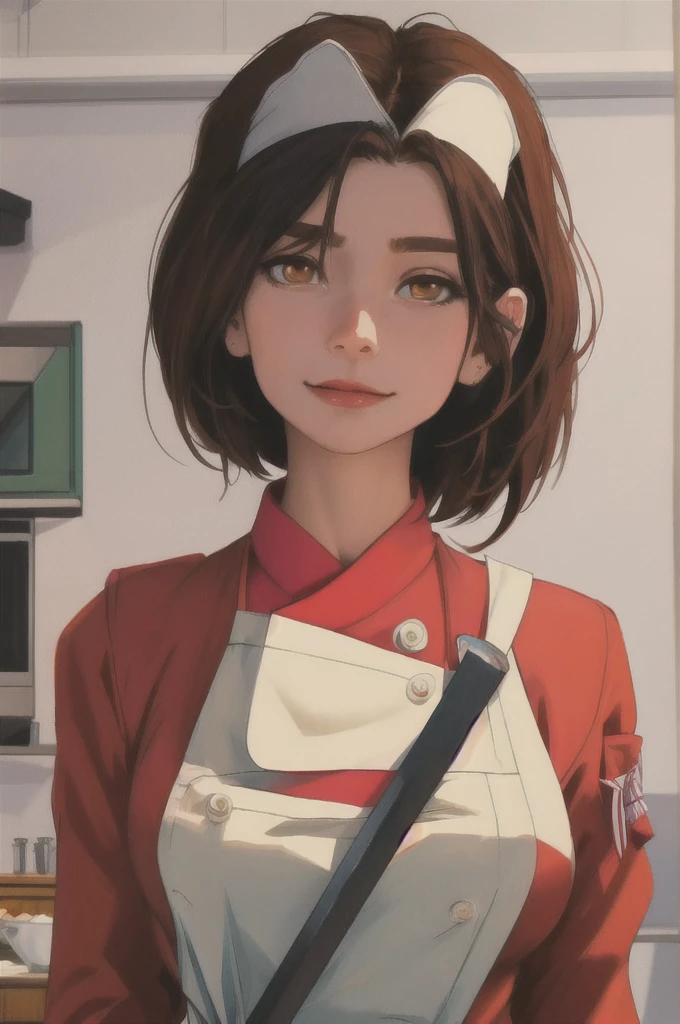 ultra HD, using uniform, short hair, wide shoulders, entrepeneur pose, white background, perfect, close-up, portrait, cozinheira chef de cozinha loira olhando para o espectador, vivid colors, the girl is in a room with white walls, in a photograph studio